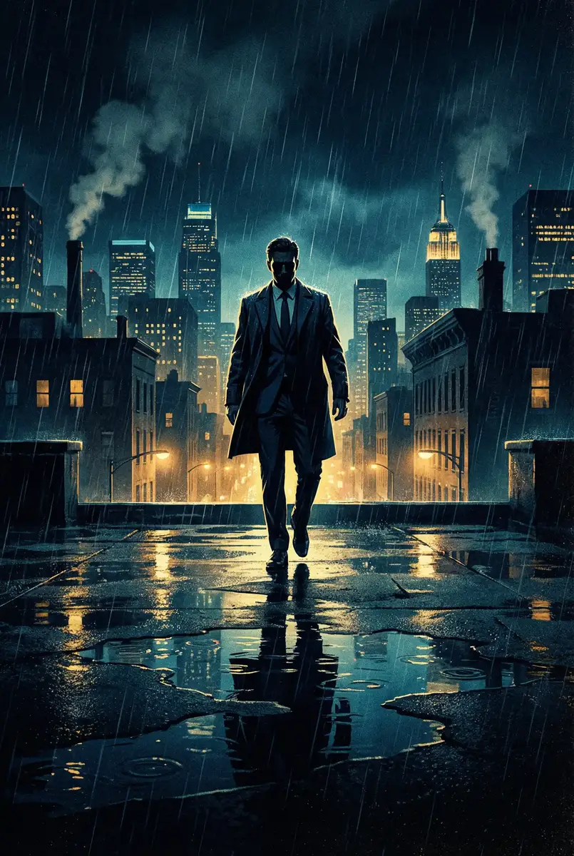 guanluchenlun 出品影片《雨夜独行者》海报，雨中城市屋顶男性剪影